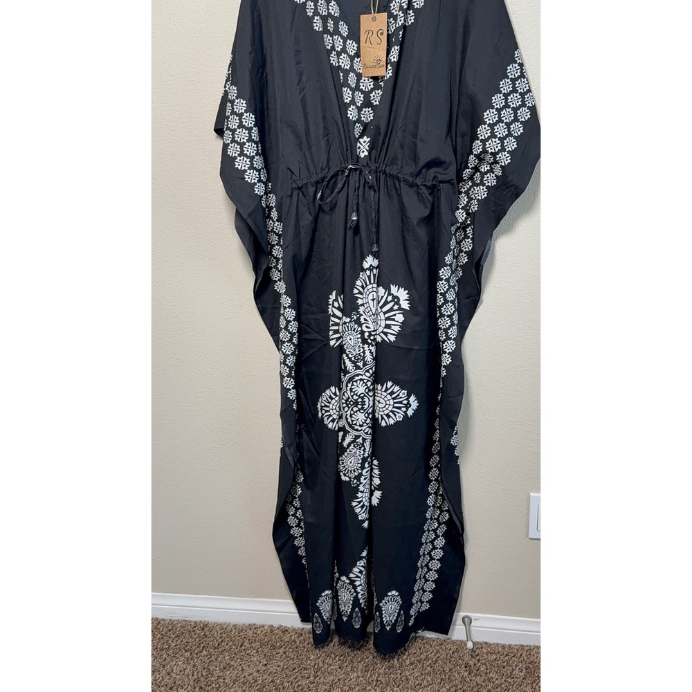 Riviera Sun Black White Medallion Print Maxi Kaftan Dress XL Drawstring Waist